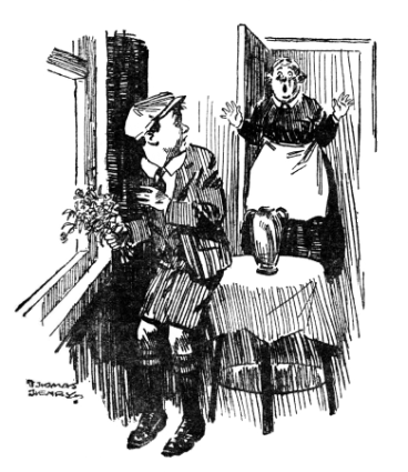 William standing at the window with the flowers in his hand, with a

shocked woman standing in the doorway.