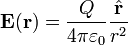 \mathbf{E}(\mathbf{r}) = \frac{Q}{4\pi \varepsilon_0}\frac{\hat{\mathbf{r}}}{r^2}