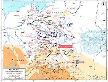 A map of Poland showing the German invasion from east Germany, East Prussia and German-occupied Czechoslovakia in September 1939