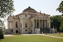 La Rotunda is a domed domestic building of which two sides can be seen, with identical classical porticos, indicating that it is the same on all sides.