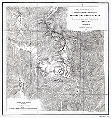 An old contour map showing mountainous terrain and a large lake