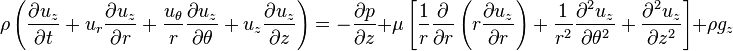 
\rho \left(\frac{\partial u_z}{\partial t} + u_r \frac{\partial u_z}{\partial r} + \frac{u_{\theta}}{r} \frac{\partial u_z}{\partial \theta} + u_z \frac{\partial u_z}{\partial z}\right) = 
-\frac{\partial p}{\partial z} + \mu \left[\frac{1}{r}\frac{\partial}{\partial r}\left(r \frac{\partial u_z}{\partial r}\right) + \frac{1}{r^2}\frac{\partial^2 u_z}{\partial \theta^2} + \frac{\partial^2 u_z}{\partial z^2}\right] + \rho g_z