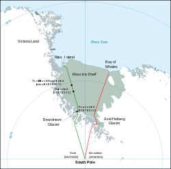 Map of a segment of Antarctica, identifying the polar marches of Scott and Amundsen. The track of Scott's journey shows the approximate locations of the deaths of the members of his polar party.