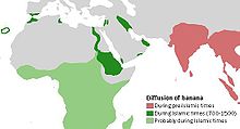 Map stating that banana cultivation occurred in pre-Islamic times in India and Southeast Asia, during the 700–1500 CE 