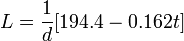 L = \frac{1}{d}[194.4 - 0.162t]