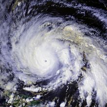 A view of Hurricane Gloria from Space on September 24. The intense storm features a small eye and large convective bands.