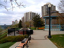 Looking west along the North Saskatchewan River Valley escarpment showing some of the apartment buildings overlooking the valley.