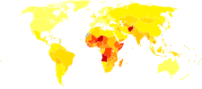 A map of the world with a far bit of dark red in Africa, orange colors in parts of Asia and South America, and yellow in Europe and North America