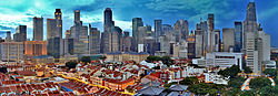 Singapore skyline viewed from Chinatown at sunset.