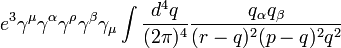 
e^3 \gamma^\mu \gamma^\alpha \gamma^\rho \gamma^\beta \gamma_\mu \int {d^4 q \over (2\pi)^4}{q_\alpha q_\beta \over (r-q)^2 (p-q)^2 q^2}
