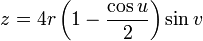 z = 4r\left(1 - \frac{\cos u}{2}\right) \sin v