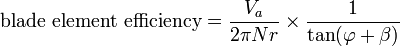 \mbox{blade element efficiency} = \frac{V_a}{2\pi Nr}\times\frac{1}{\tan(\varphi+\beta)}