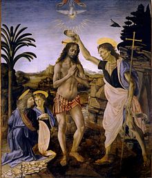 Painting showing Jesus, naked except for a loin-cloth, standing in a shallow stream in a rocky landscape, while to the right, John the Baptist, identifiable by the cross that he carries, tips water over Jesus' head. Two angels kneel at the left. Above Jesus are the hands of God, and a dove descending.