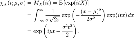 \ Begin {align} \ chi_X (t; \ mu, \ sigma) y {} = m_x (it) = \ mathrm {E} \ left [\ exp (que X) \ right] \\ & {} = \ int_ {- \ infty} ^ {\ infty} \ frac {1} {\ sigma \ sqrt {2 \ pi}} \ exp \ left (- \ frac {(x - \ mu) ^ 2} {2 \ sigma ^ 2 } \ right) \ exp (ITX) \, dx \\ & {} = \ exp \ left (i \ mu t - \ frac {\ sigma ^ 2 t ^ 2} {2} \ right). \ End {align}