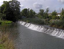 Una presa con agua que fluye de derecha a izquierda, rodeado de árboles y vegetación.