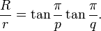 {R \ over r} = \ tan \ frac {\ pi} {p} \ tan \ frac {\ pi} {q}.