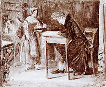 Un bosquejo, con aceites de color marrón y blanco que representa a un hombre sentado en una mesa de café, escrito en un pedazo de papel. Una camarera está sirviendo al hombre con una taza.