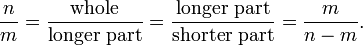 {N \ over m} = {\ mathrm {entera} \ sobre \ mathrm {ya} \ \ mathrm {parte}} = {\ mathrm {ya} \ \ mathrm {parte} \ sobre \ mathrm {corto} \ \ mathrm {parte}} = {m \ over nm}.