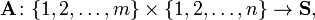 \ Mathbf {A} \ puntos \ {1, 2, \ ldots, m \} \ times \ {1, 2, \ ldots, n \} \ a \ mathbf {S}, \, \,