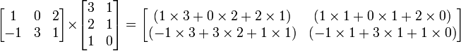 \ Begin {bmatrix} 1 & 0 & 2 \\ -1 y 3 & 1 \\ \ end {bmatrix} \ times \ begin {} bmatrix 3 & 1 \\ 2 & 1 \\ 1 & 0 \\ \ end { bmatrix} = \ begin {bmatrix} (1 \ épocas 3 + 0 \ Tiempos 2 + 2 \ veces 1) y (1 \ Tiempos 1 + 0 \ Tiempos 1 + 2 \ épocas 0) \\ (-1 \ veces 3 + 3 \ Tiempos 2 + 1 \ Tiempos 1) y (-1 \ Tiempos 1 + 3 \ Tiempos 1 + 1 \ Tiempos 0) \\ \ end {bmatrix}