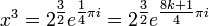 x ^ 3 = 2 ^ {\ tfrac {3} {2}} e ^ {\ tfrac {1} {4} \ pi i} = 2 ^ {\ tfrac {3} {2}} e ^ {\ tfrac { 8k + 1} {4} \ pi i} \,