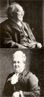 imágenes de un anciano en traje victoriano, vistos de perfil derecho, y de una anciana también en ropa de estilo victoriano, sonriendo hacia la cámara