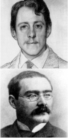 imagen compuesta de dos fotografías de dos hombres más jóvenes, el primero tiene un bigote y está mirando a la cámara; la segunda es una incluye un gran bigote y gafas y se ve en semi-perfil de su derecho