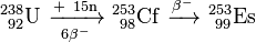 \ Mathrm {^ {238} _ {\ 92} U \ \ xrightarrow [6 \ beta ^ -] {+ \ 15 n} \ ^ {253} _ {\ 98} Cf \ \ xrightarrow {\ beta ^ -} \ ^ {253} _ {\ 99} es}