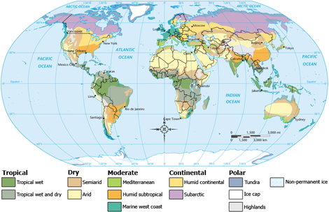 Mapa de zonas climáticas dividiendo mundo, en gran medida influenciado por la latitud. Las zonas, que van desde el ecuador hacia arriba (hacia abajo) y son tropical, seco, Moderado, Continental y Polar. Hay subzonas dentro de estas zonas.
