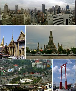 Una imagen compuesta, la fila superior muestra un horizonte con varios rascacielos; la segunda muestra de fila, a la izquierda, un complejo de templos de Tailandia, ya la derecha, un templo con una gran estupa rodeada por cuatro más pequeñas en un río; y la tercera muestra de remo, a la izquierda, un monumento con figuras de bronce de pie alrededor de la base de un obelisco, rodeado de una gran rotonda, con una línea de ferrocarril elevado que pasa en primer plano, ya la derecha, un alto portón similar estructura, pintado en rojo