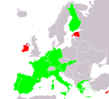 Un mapa de Europa, destacando los países miembros de la zona euro y si han publicado € 2 monedas conmemorativas o no. Los países miembros de la eurozona son la mayor parte de Europa occidental al sur de Dinamarca, así como Chipre, Grecia, Finlandia, Irlanda y Malta.