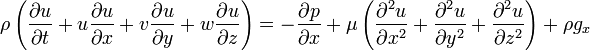 \ Rho \ left (\ frac {\ u parcial} {\ t parcial} + u \ frac {\ u parcial} {\ x parcial} + v \ frac {\ u parcial} {\ y parcial} + w \ frac { \ u parcial} {\ z parcial} \ right) = - \ frac {\ p parcial} {\ x parcial} + \ mu \ left (\ frac {\ partial ^ 2 u} {\ partial x ^ 2} + \ frac {\ partial ^ 2 u} {\ partial y ^ 2} + \ frac {\ partial ^ 2 u} {\ partial z ^ 2} \ right) + \ rho g_x