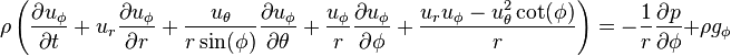 \ Rho \ left (\ frac {\ partial u _ {\ phi}} {\ t parcial} + U_r \ frac {\ partial u _ {\ phi}} {\ r parcial} + \ frac {u _ {\ theta}} { r \ sin (\ phi)} \ frac {\ partial u _ {\ phi}} {\ partial \ theta} + \ frac {u _ {\ phi}} {r} \ frac {\ partial u _ {\ phi}} { \ partial \ phi} + \ frac {U_r u _ {\ phi} - u _ {\ theta} ^ 2 \ cuna (\ phi)} {r} \ right) = - \ frac {1} {r} \ frac {\ p parcial} {\ partial \ phi} + \ rho g _ {\ phi}