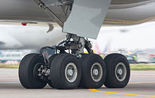 Tren de aterrizaje de aeronaves. Seis engranaje de la rueda en el suelo, con el conjunto de fijación y de puertas de tren que conduce a la panza del avión.