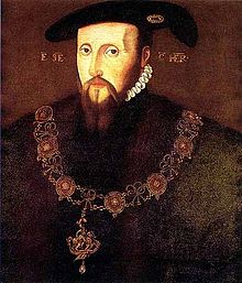 Retrato oficial del duque de Somerset. Él tiene un rostro largo y delgado con una barba de perilla y bigote de largo fino pelo rojizo recto. Su expresión no se fía. Él lleva su collar de la Orden de la Jarretera.