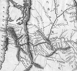 Mapa en escala de grises temprana del Río Columbia inferior y sus afluentes y los alrededores que muestra las ubicaciones de las cadenas montañosas y pueblos indígenas de lo que hoy es el este de Washington hasta el Océano Pacífico.