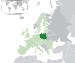 Ubicación de Polonia (verde oscuro) - en Europa (verde y gris oscuro) - en la Unión Europea (verde) - [Leyenda]