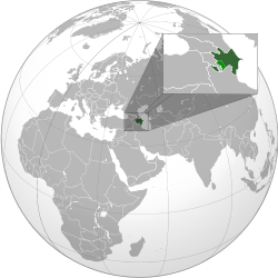 Ubicación de Azerbaiyán. Área fuera del control de Azerbaiyán se muestra en color verde claro. []