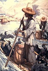 Illustration of fisherman on raft with pole for punting and numerous black birds on raft