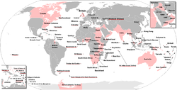 Las áreas del mundo que en algún momento fueron parte del Imperio Británico. Territorios de ultramar británicos actuales tienen sus nombres subrayados en rojo.