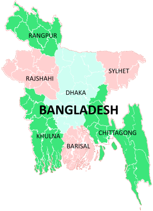 Un mapa interactivo de Bangladesh exhibiendo sus divisiones.