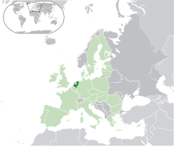 Ubicación de los Países Bajos (verde oscuro) - en Europa (verde y oscuro gris claro) - en la Unión Europea (verde claro) - [Leyenda]