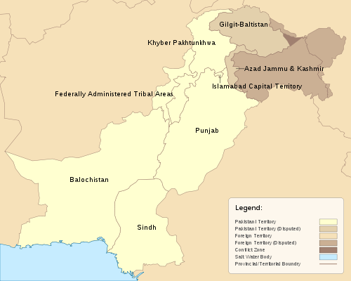 Un mapa interactivo de Pakistán exhibiendo sus unidades administrativas.