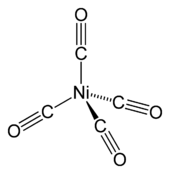 Un átomo de níquel con cuatro enlaces simples a carbonilo (carbono-triple enlace al oxígeno; bonos mediante el carbono) grupos que se presentan tetraédricamente su alrededor