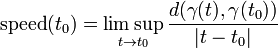 \ Text {} velocidad (t_0) = \ limsup_ {t \ a T_0} {d (\ gamma (t), \ gamma (t_0)) \ over | t-t_0 |}