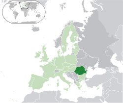 Ubicación de Rumania (verde oscuro): en el continente europeo en la Unión Europea