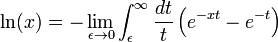 \ Ln (x) = - \ lim _ {\ epsilon \ a 0} \ int_ \ epsilon ^ \ infty \ frac {dt} {t} \ left (e ^ {- xt} - e ^ {- t} \ right)