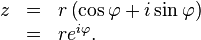 \begin{array}{lll}z& = & r \left (\cos \varphi + i \sin \varphi\right) \\
& = & r e^{i \varphi}.
\end{array} \,
