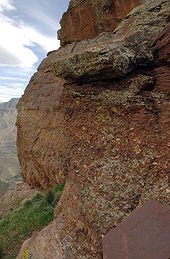 Una cornisa de roca de guijarros con liquen en él.