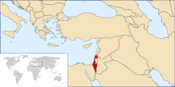 Mapa político de Oriente Medio con Israel en rojo. Un recuadro muestra un mapa del mundo con los bordes del mapa principal esbozados.